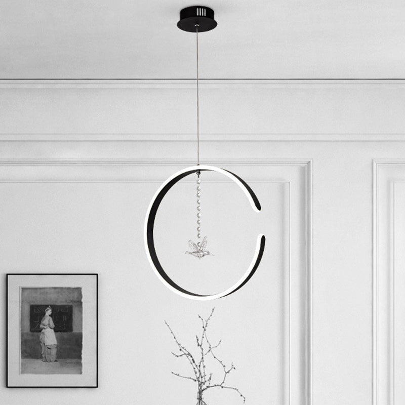 Metal C-Shape Suspension Lighting Minimalism Black/White LED Hanging Lamp Kit with Dangling Crystal Bird in Warm/White Light Clearhalo 'Ceiling Lights' 'Modern Pendants' 'Modern' 'Pendant Lights' 'Pendants' Lighting' 1805073