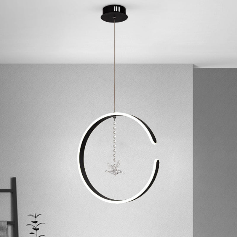 Metal C-Shape Suspension Lighting Minimalism Black/White LED Hanging Lamp Kit with Dangling Crystal Bird in Warm/White Light Clearhalo 'Ceiling Lights' 'Modern Pendants' 'Modern' 'Pendant Lights' 'Pendants' Lighting' 1805074