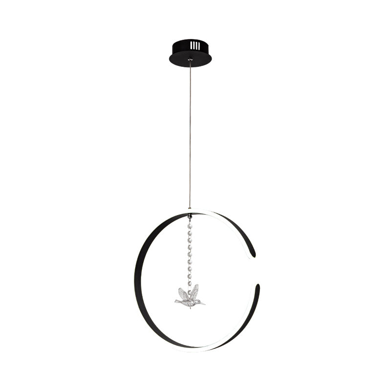 Metal C-Shape Suspension Lighting Minimalism Black/White LED Hanging Lamp Kit with Dangling Crystal Bird in Warm/White Light Clearhalo 'Ceiling Lights' 'Modern Pendants' 'Modern' 'Pendant Lights' 'Pendants' Lighting' 1805075