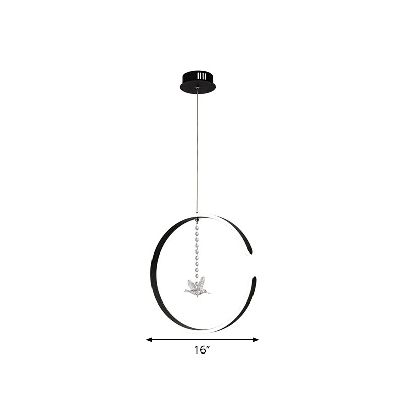 Metal C-Shape Suspension Lighting Minimalism Black/White LED Hanging Lamp Kit with Dangling Crystal Bird in Warm/White Light Clearhalo 'Ceiling Lights' 'Modern Pendants' 'Modern' 'Pendant Lights' 'Pendants' Lighting' 1805076