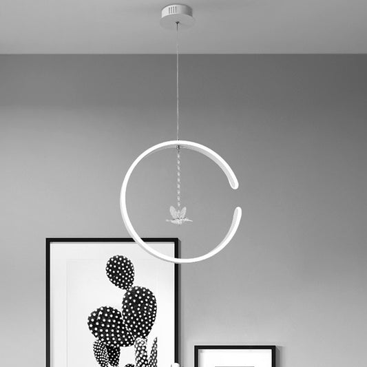 Metal C-Shape Suspension Lighting Minimalism Black/White LED Hanging Lamp Kit with Dangling Crystal Bird in Warm/White Light White White Clearhalo 'Ceiling Lights' 'Modern Pendants' 'Modern' 'Pendant Lights' 'Pendants' Lighting' 1805077