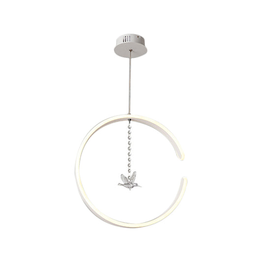 Metal C-Shape Suspension Lighting Minimalism Black/White LED Hanging Lamp Kit with Dangling Crystal Bird in Warm/White Light Clearhalo 'Ceiling Lights' 'Modern Pendants' 'Modern' 'Pendant Lights' 'Pendants' Lighting' 1805079