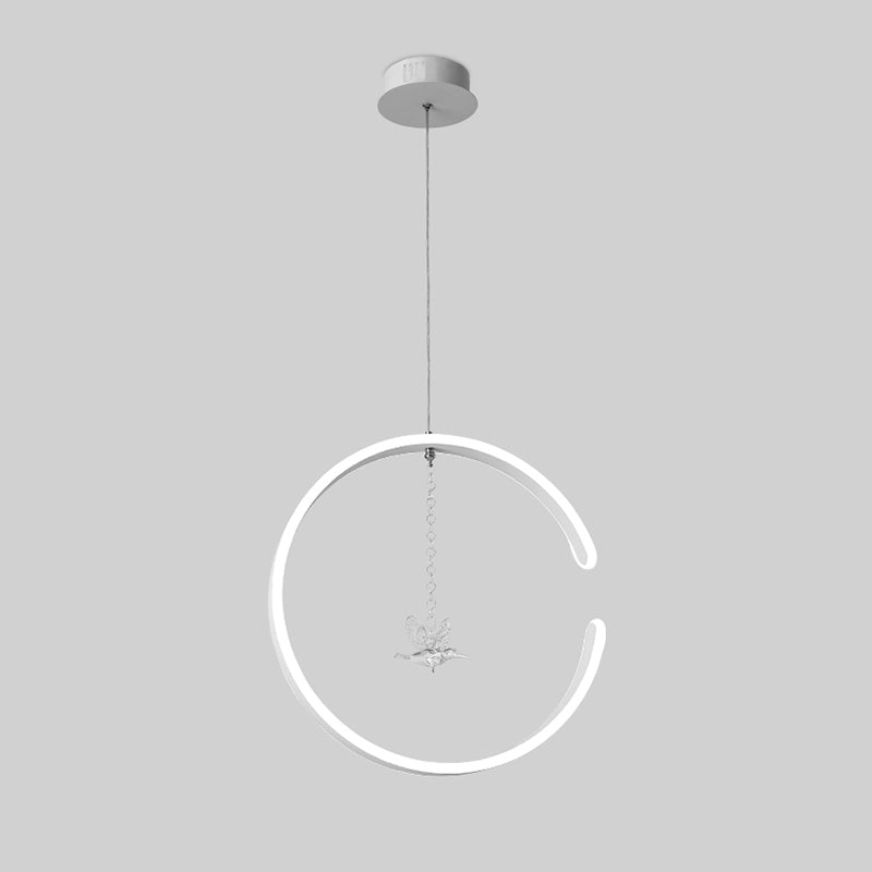 Metal C-Shape Suspension Lighting Minimalism Black/White LED Hanging Lamp Kit with Dangling Crystal Bird in Warm/White Light Clearhalo 'Ceiling Lights' 'Modern Pendants' 'Modern' 'Pendant Lights' 'Pendants' Lighting' 1805080