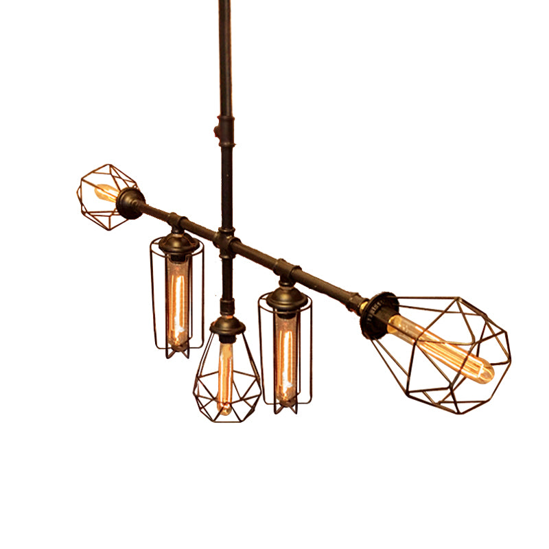 Metallic Pipe Chandelier Lighting Rustic Style 5 Lights Bedroom Ceiling Fixture with Cage Shade in Black Clearhalo 'Cast Iron' 'Ceiling Lights' 'Chandeliers' 'Industrial Chandeliers' 'Industrial' 'Metal' 'Middle Century Chandeliers' 'Rustic Chandeliers' 'Tiffany' Lighting' 180509