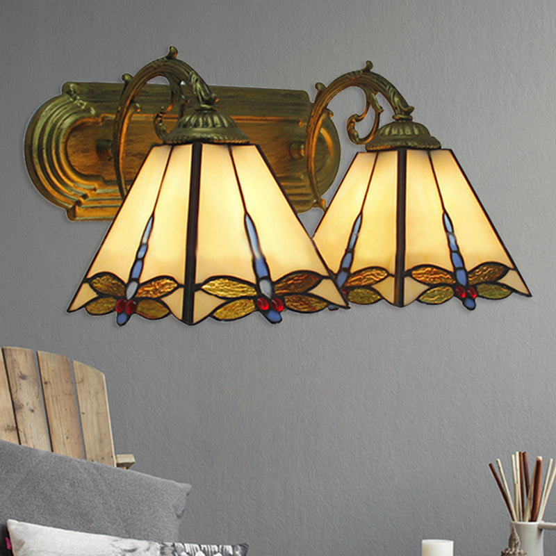 Lodge Wall Sconce Light with Dragonfly Pattern 2 Heads Stained Glass Wall Mount Light in Black/Bronze Bronze Clearhalo 'Industrial' 'Middle century wall lights' 'Tiffany wall lights' 'Tiffany' 'Wall Lamps & Sconces' 'Wall Lights' Lighting' 180511