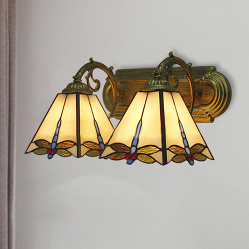 Lodge Wall Sconce Light with Dragonfly Pattern 2 Heads Stained Glass Wall Mount Light in Black/Bronze Clearhalo 'Industrial' 'Middle century wall lights' 'Tiffany wall lights' 'Tiffany' 'Wall Lamps & Sconces' 'Wall Lights' Lighting' 180512