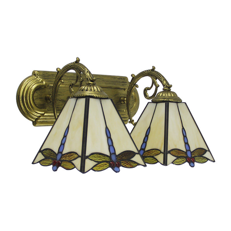 Lodge Wall Sconce Light with Dragonfly Pattern 2 Heads Stained Glass Wall Mount Light in Black/Bronze Clearhalo 'Industrial' 'Middle century wall lights' 'Tiffany wall lights' 'Tiffany' 'Wall Lamps & Sconces' 'Wall Lights' Lighting' 180513