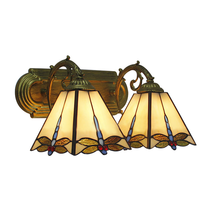 Lodge Wall Sconce Light with Dragonfly Pattern 2 Heads Stained Glass Wall Mount Light in Black/Bronze Clearhalo 'Industrial' 'Middle century wall lights' 'Tiffany wall lights' 'Tiffany' 'Wall Lamps & Sconces' 'Wall Lights' Lighting' 180514