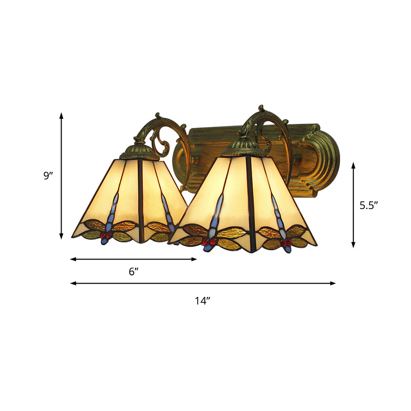 Lodge Wall Sconce Light with Dragonfly Pattern 2 Heads Stained Glass Wall Mount Light in Black/Bronze Clearhalo 'Industrial' 'Middle century wall lights' 'Tiffany wall lights' 'Tiffany' 'Wall Lamps & Sconces' 'Wall Lights' Lighting' 180515