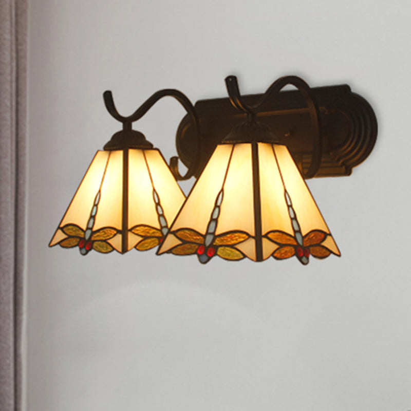 Lodge Wall Sconce Light with Dragonfly Pattern 2 Heads Stained Glass Wall Mount Light in Black/Bronze Black Clearhalo 'Industrial' 'Middle century wall lights' 'Tiffany wall lights' 'Tiffany' 'Wall Lamps & Sconces' 'Wall Lights' Lighting' 180516