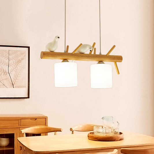 Beige Drum Island Lighting Ideas Simple 2/3 Heads Opaque Glass Pendant Lamp with Bird on Wood Branch Beam Design 2 Beige Clearhalo 'Ceiling Lights' 'Island Lights' Lighting' 1805161