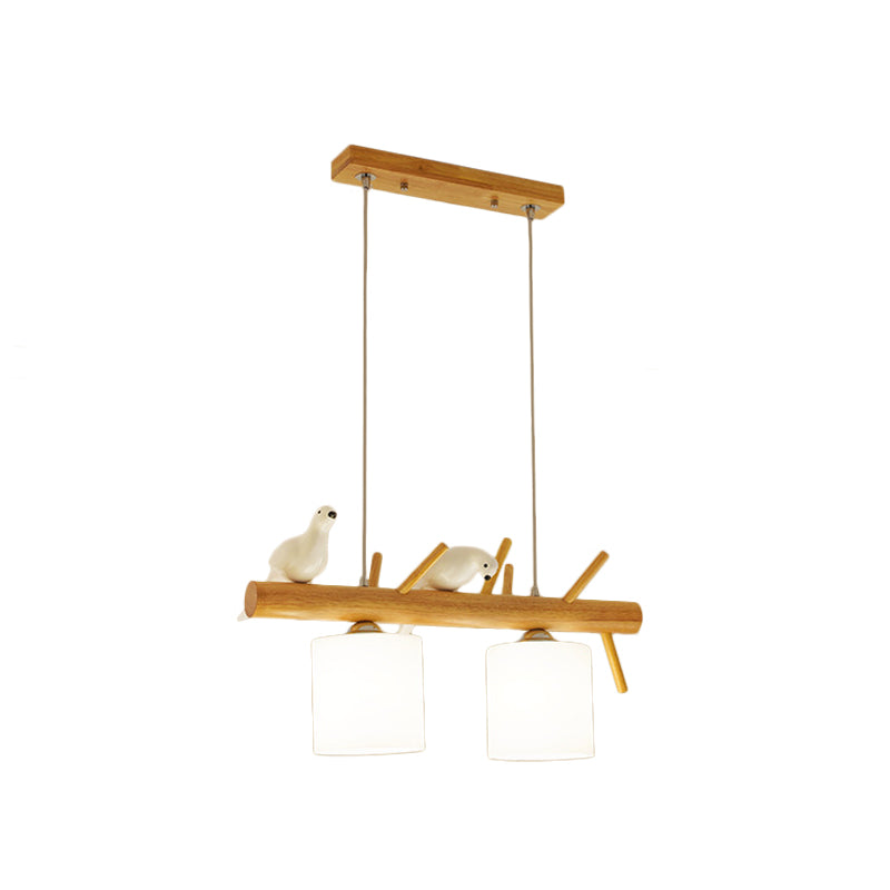 Beige Drum Island Lighting Ideas Simple 2/3 Heads Opaque Glass Pendant Lamp with Bird on Wood Branch Beam Design Clearhalo 'Ceiling Lights' 'Island Lights' Lighting' 1805162