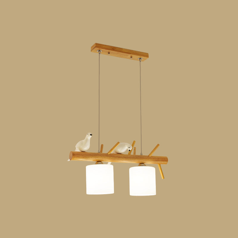 Beige Drum Island Lighting Ideas Simple 2/3 Heads Opaque Glass Pendant Lamp with Bird on Wood Branch Beam Design Clearhalo 'Ceiling Lights' 'Island Lights' Lighting' 1805163