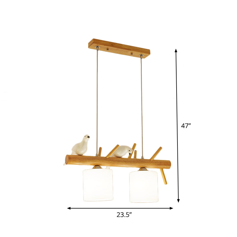 Beige Drum Island Lighting Ideas Simple 2/3 Heads Opaque Glass Pendant Lamp with Bird on Wood Branch Beam Design Clearhalo 'Ceiling Lights' 'Island Lights' Lighting' 1805164