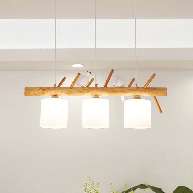 Beige Drum Island Lighting Ideas Simple 2/3 Heads Opaque Glass Pendant Lamp with Bird on Wood Branch Beam Design 3 Beige Clearhalo 'Ceiling Lights' 'Island Lights' Lighting' 1805165