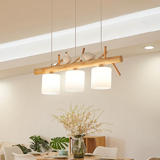 Beige Drum Island Lighting Ideas Simple 2/3 Heads Opaque Glass Pendant Lamp with Bird on Wood Branch Beam Design Clearhalo 'Ceiling Lights' 'Island Lights' Lighting' 1805166