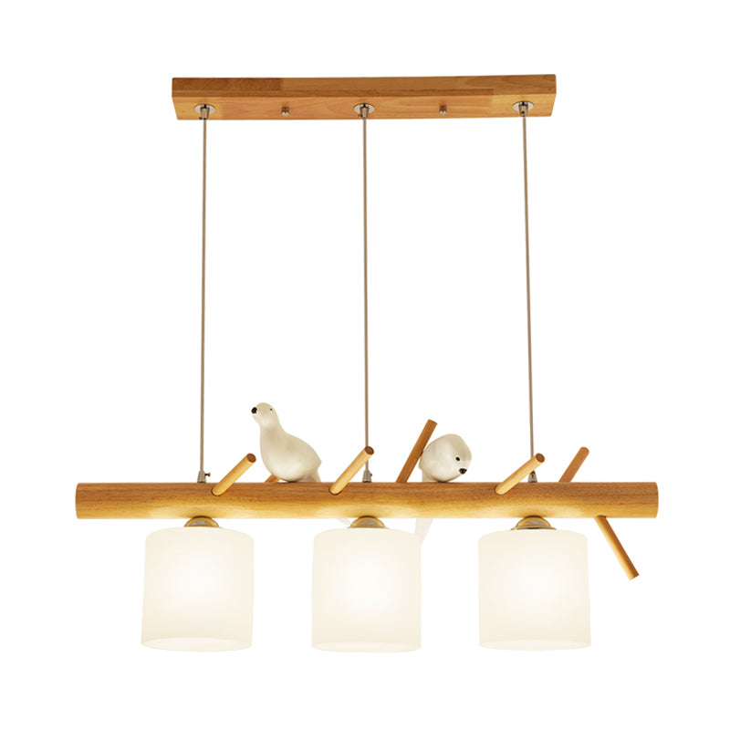 Beige Drum Island Lighting Ideas Simple 2/3 Heads Opaque Glass Pendant Lamp with Bird on Wood Branch Beam Design Clearhalo 'Ceiling Lights' 'Island Lights' Lighting' 1805168