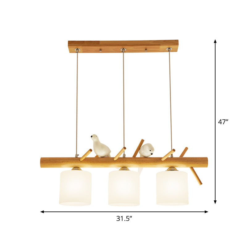Beige Drum Island Lighting Ideas Simple 2/3 Heads Opaque Glass Pendant Lamp with Bird on Wood Branch Beam Design Clearhalo 'Ceiling Lights' 'Island Lights' Lighting' 1805169