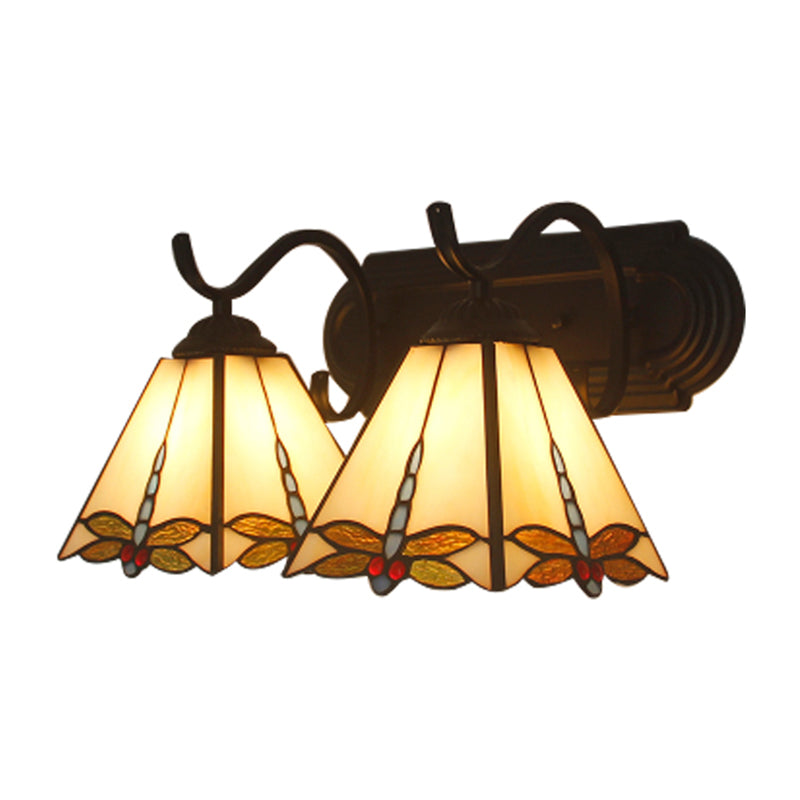 Lodge Wall Sconce Light with Dragonfly Pattern 2 Heads Stained Glass Wall Mount Light in Black/Bronze Clearhalo 'Industrial' 'Middle century wall lights' 'Tiffany wall lights' 'Tiffany' 'Wall Lamps & Sconces' 'Wall Lights' Lighting' 180517