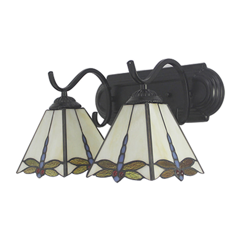 Lodge Wall Sconce Light with Dragonfly Pattern 2 Heads Stained Glass Wall Mount Light in Black/Bronze Clearhalo 'Industrial' 'Middle century wall lights' 'Tiffany wall lights' 'Tiffany' 'Wall Lamps & Sconces' 'Wall Lights' Lighting' 180518