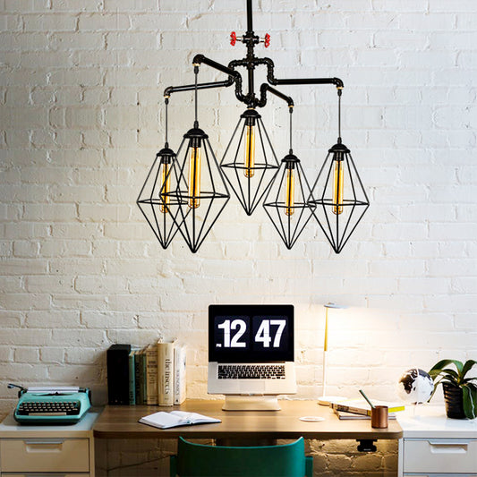 5 Lights Piping Ceiling Light Fixture with Diamond Cage Shade Industrial Style Black Metallic Chandelier Lamp Clearhalo 'Cast Iron' 'Ceiling Lights' 'Chandeliers' 'Industrial Chandeliers' 'Industrial' 'Metal' 'Middle Century Chandeliers' 'Rustic Chandeliers' 'Tiffany' Lighting' 180519