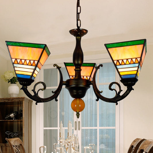 Pyramid Chandelier Retro Style Stained Glass 3 Bulbs Inverted Chandelier Light for Living Room Clearhalo 'Ceiling Lights' 'Chandeliers' 'Industrial' 'Middle Century Chandeliers' 'Tiffany Chandeliers' 'Tiffany close to ceiling' 'Tiffany' Lighting' 180524