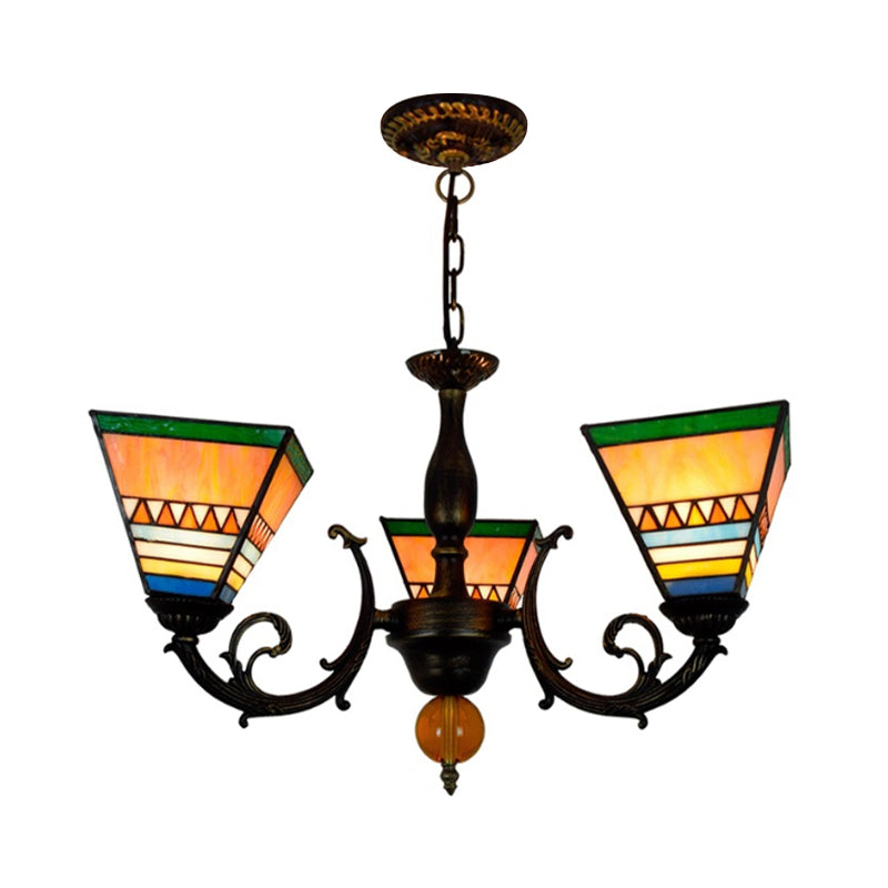 Pyramid Chandelier Retro Style Stained Glass 3 Bulbs Inverted Chandelier Light for Living Room Clearhalo 'Ceiling Lights' 'Chandeliers' 'Industrial' 'Middle Century Chandeliers' 'Tiffany Chandeliers' 'Tiffany close to ceiling' 'Tiffany' Lighting' 180525