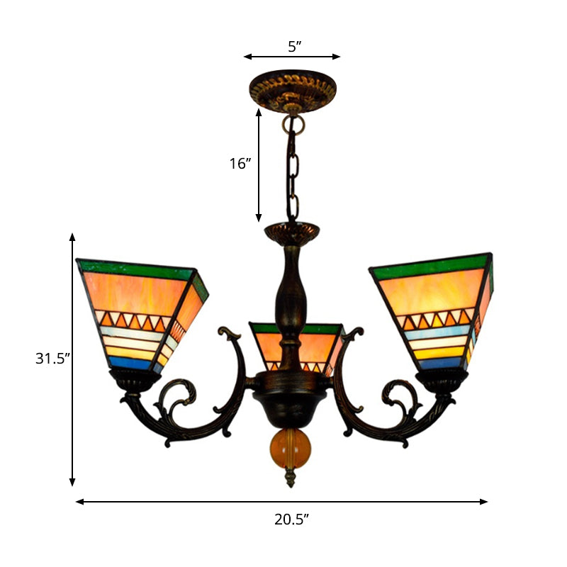 Pyramid Chandelier Retro Style Stained Glass 3 Bulbs Inverted Chandelier Light for Living Room Clearhalo 'Ceiling Lights' 'Chandeliers' 'Industrial' 'Middle Century Chandeliers' 'Tiffany Chandeliers' 'Tiffany close to ceiling' 'Tiffany' Lighting' 180526