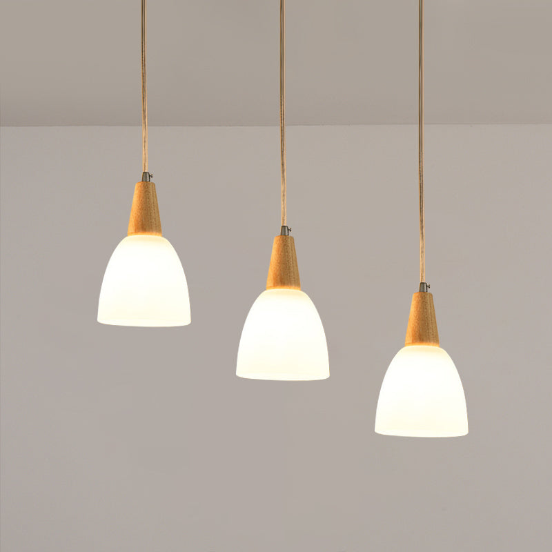 Frosted Glass Dome Suspension Pendant Contemporary 3-Light Beige Hanging Lamp Fixture with Wood Top Clearhalo 'Ceiling Lights' 'Glass shade' 'Glass' 'Island Lights' 'Modern Pendants' 'Modern' 'Pendant Lights' 'Pendants' Lighting' 1805309