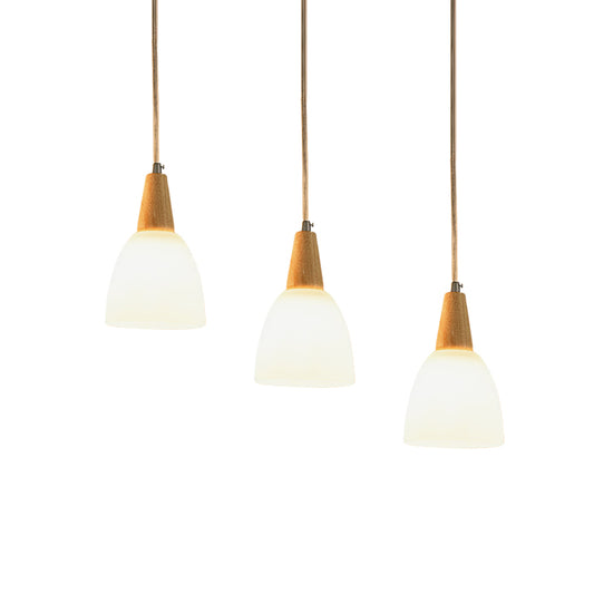 Frosted Glass Dome Suspension Pendant Contemporary 3-Light Beige Hanging Lamp Fixture with Wood Top Clearhalo 'Ceiling Lights' 'Glass shade' 'Glass' 'Island Lights' 'Modern Pendants' 'Modern' 'Pendant Lights' 'Pendants' Lighting' 1805310