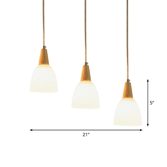 Frosted Glass Dome Suspension Pendant Contemporary 3-Light Beige Hanging Lamp Fixture with Wood Top Clearhalo 'Ceiling Lights' 'Glass shade' 'Glass' 'Island Lights' 'Modern Pendants' 'Modern' 'Pendant Lights' 'Pendants' Lighting' 1805311