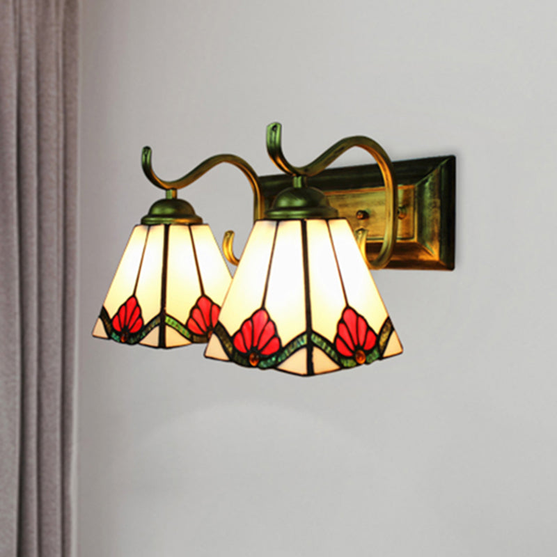 Craftsman Pyramid Wall Sconce Stained Glass 2 Lights Art Deco Wall Lighting with Rectangle Backplate for Bathroom Clearhalo 'Industrial' 'Middle century wall lights' 'Tiffany wall lights' 'Tiffany' 'Wall Lamps & Sconces' 'Wall Lights' Lighting' 180536