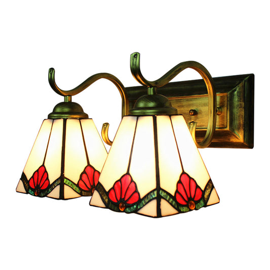 Craftsman Pyramid Wall Sconce Stained Glass 2 Lights Art Deco Wall Lighting with Rectangle Backplate for Bathroom Clearhalo 'Industrial' 'Middle century wall lights' 'Tiffany wall lights' 'Tiffany' 'Wall Lamps & Sconces' 'Wall Lights' Lighting' 180537