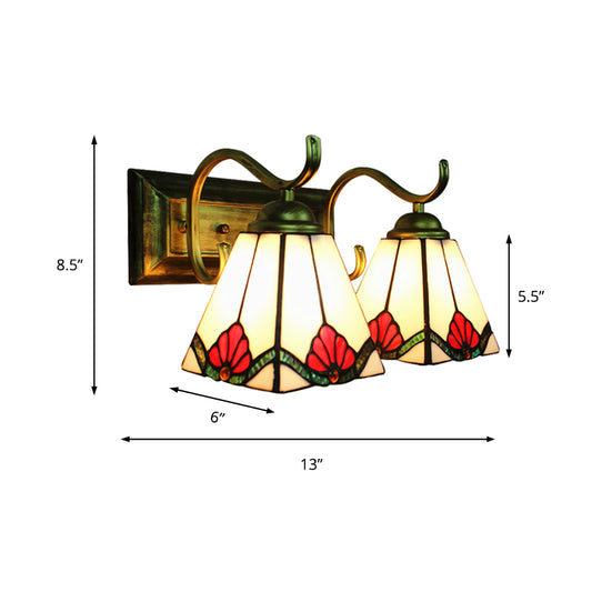 Craftsman Pyramid Wall Sconce Stained Glass 2 Lights Art Deco Wall Lighting with Rectangle Backplate for Bathroom Clearhalo 'Industrial' 'Middle century wall lights' 'Tiffany wall lights' 'Tiffany' 'Wall Lamps & Sconces' 'Wall Lights' Lighting' 180538