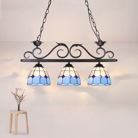 Stainless Glass Blue Island Lighting Grid Dome Shade 3 Heads Tiffany Stylish Pendant Light Fixture, Curved/Bird Blue Curved Clearhalo 'Ceiling Lights' 'Chandeliers' 'Close To Ceiling Lights' 'Glass shade' 'Glass' 'Island Lights' 'Tiffany close to ceiling' 'Tiffany' Lighting' 180555