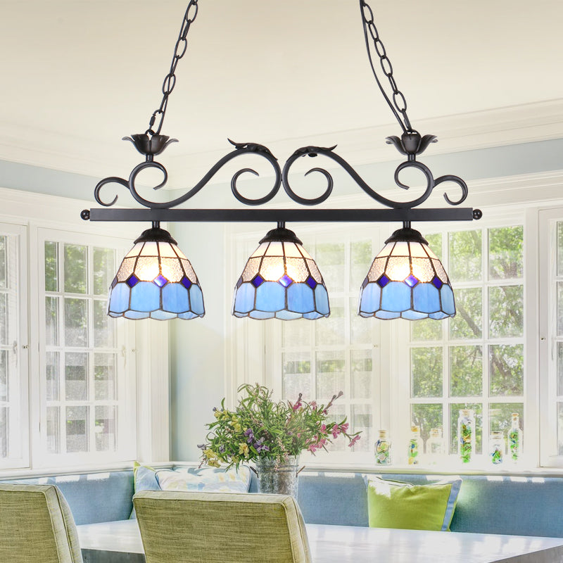 Stainless Glass Blue Island Lighting Grid Dome Shade 3 Heads Tiffany Stylish Pendant Light Fixture, Curved/Bird Clearhalo 'Ceiling Lights' 'Chandeliers' 'Close To Ceiling Lights' 'Glass shade' 'Glass' 'Island Lights' 'Tiffany close to ceiling' 'Tiffany' Lighting' 180556