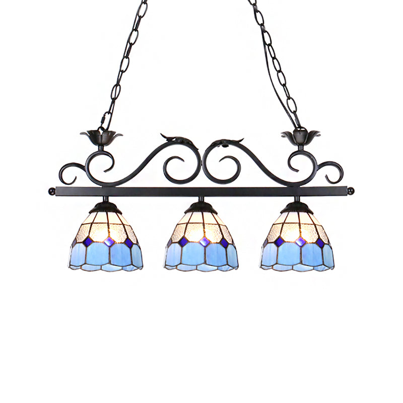 Stainless Glass Blue Island Lighting Grid Dome Shade 3 Heads Tiffany Stylish Pendant Light Fixture, Curved/Bird Clearhalo 'Ceiling Lights' 'Chandeliers' 'Close To Ceiling Lights' 'Glass shade' 'Glass' 'Island Lights' 'Tiffany close to ceiling' 'Tiffany' Lighting' 180557