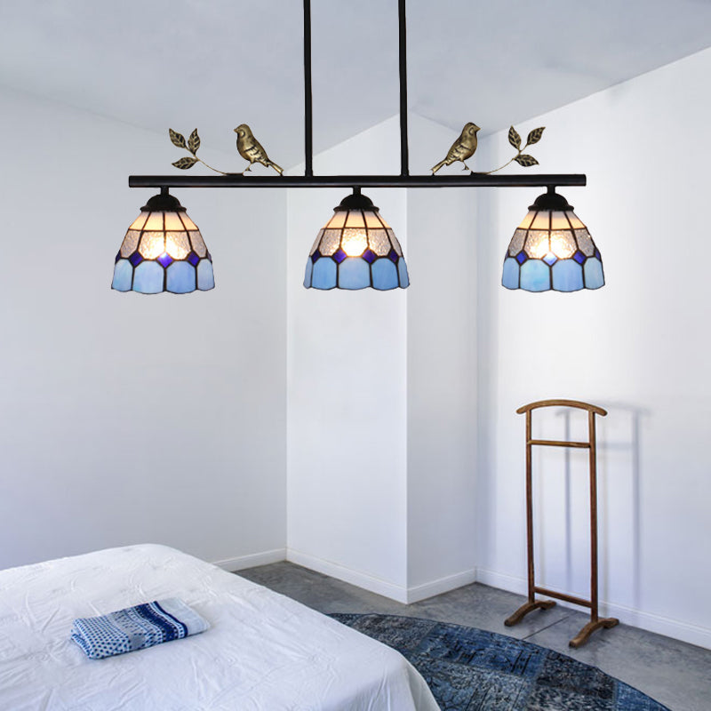 Stainless Glass Blue Island Lighting Grid Dome Shade 3 Heads Tiffany Stylish Pendant Light Fixture, Curved/Bird Blue Bird Clearhalo 'Ceiling Lights' 'Chandeliers' 'Close To Ceiling Lights' 'Glass shade' 'Glass' 'Island Lights' 'Tiffany close to ceiling' 'Tiffany' Lighting' 180559