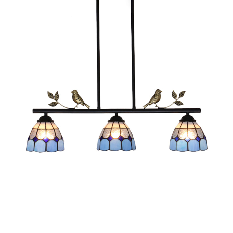 Stainless Glass Blue Island Lighting Grid Dome Shade 3 Heads Tiffany Stylish Pendant Light Fixture, Curved/Bird Clearhalo 'Ceiling Lights' 'Chandeliers' 'Close To Ceiling Lights' 'Glass shade' 'Glass' 'Island Lights' 'Tiffany close to ceiling' 'Tiffany' Lighting' 180560