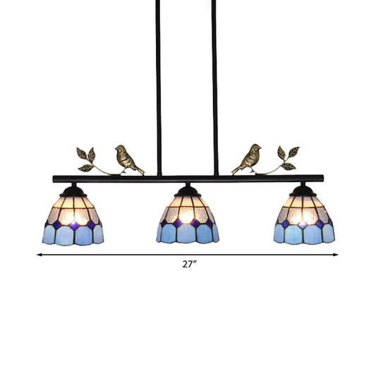 Stainless Glass Blue Island Lighting Grid Dome Shade 3 Heads Tiffany Stylish Pendant Light Fixture, Curved/Bird Clearhalo 'Ceiling Lights' 'Chandeliers' 'Close To Ceiling Lights' 'Glass shade' 'Glass' 'Island Lights' 'Tiffany close to ceiling' 'Tiffany' Lighting' 180561
