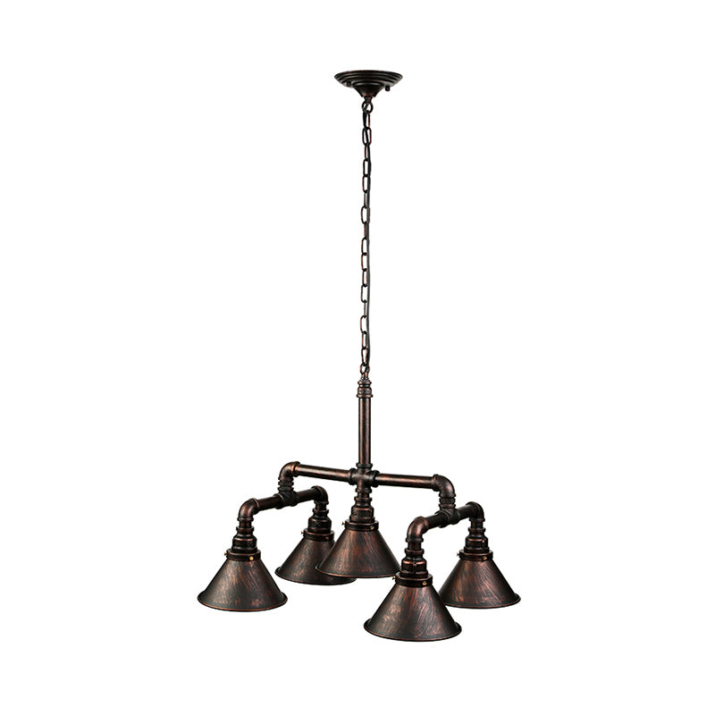 Vintage Stylish Conical Chandelier Lamp 5 Lights Metal Ceiling Light Fixture in Rust for Dining Room Clearhalo 'Cast Iron' 'Ceiling Lights' 'Chandeliers' 'Industrial Chandeliers' 'Industrial' 'Metal' 'Middle Century Chandeliers' 'Rustic Chandeliers' 'Tiffany' Lighting' 180565