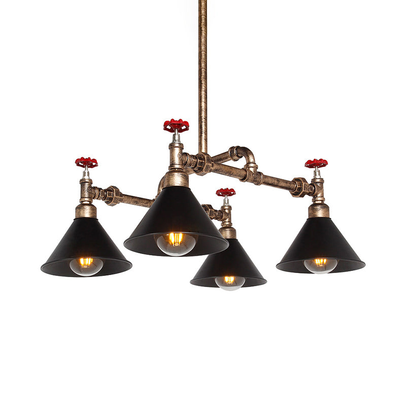4/6 Lights Chandelier Light Fixture Vintage Stylish Cone Shade Metal Pendant Lighting with Red Valve in Brass Clearhalo 'Cast Iron' 'Ceiling Lights' 'Chandeliers' 'Industrial Chandeliers' 'Industrial' 'Metal' 'Middle Century Chandeliers' 'Rustic Chandeliers' 'Tiffany' Lighting' 180573