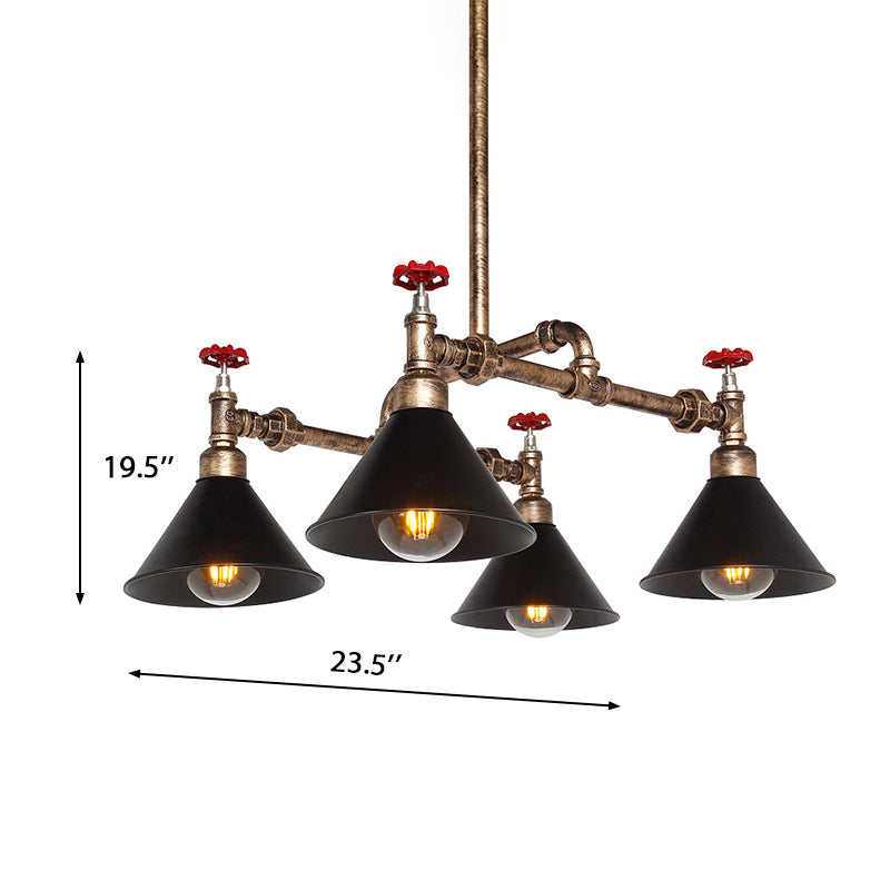 4/6 Lights Chandelier Light Fixture Vintage Stylish Cone Shade Metal Pendant Lighting with Red Valve in Brass Clearhalo 'Cast Iron' 'Ceiling Lights' 'Chandeliers' 'Industrial Chandeliers' 'Industrial' 'Metal' 'Middle Century Chandeliers' 'Rustic Chandeliers' 'Tiffany' Lighting' 180574