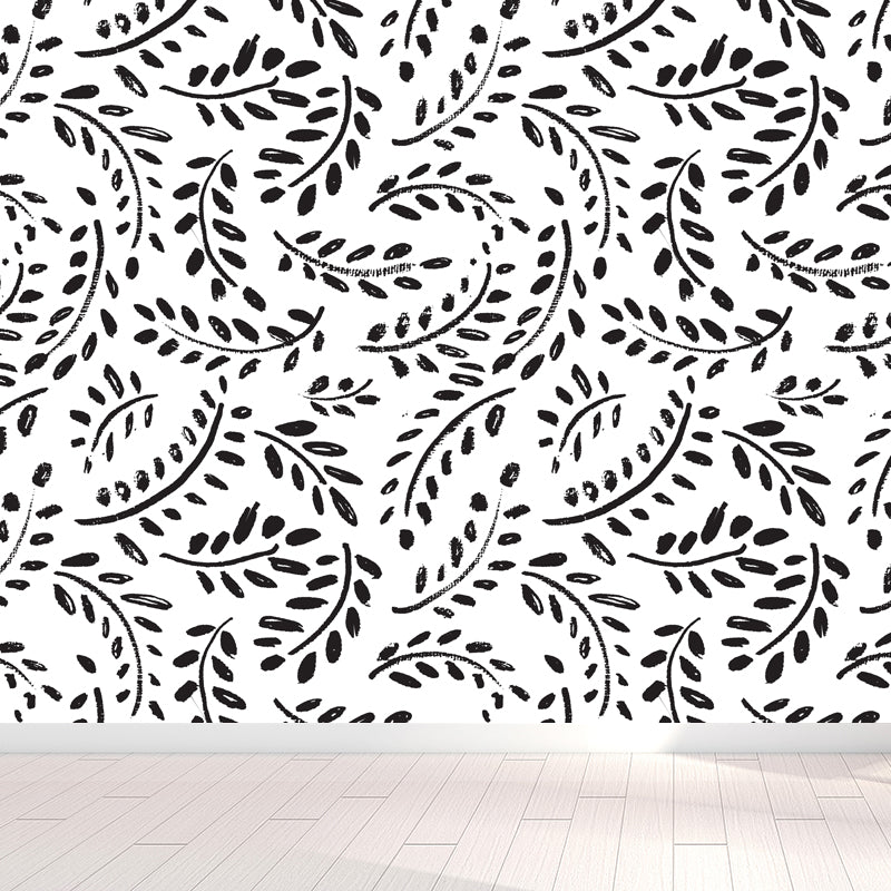 Illustration Plant Wall Covering Mural Whole Wall Decor for Kids Room, Made to Measure Black Design 4 Clearhalo 'Wall Decor' 'Wall Mural' 1805774