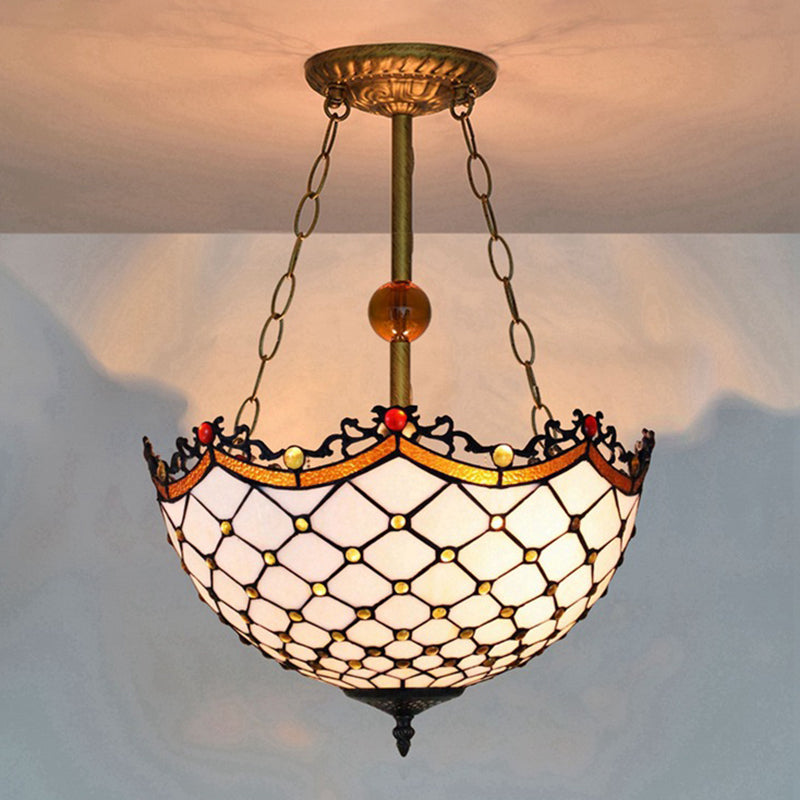 Scalloped Inverted Semi Flush Light Traditional Stained Glass 3 Lights Semi Flushmount for Living Room White Clearhalo 'Ceiling Lights' 'Chandeliers' 'Close To Ceiling Lights' 'Close to ceiling' 'Glass shade' 'Glass' 'Semi-flushmount' 'Tiffany close to ceiling' 'Tiffany' Lighting' 180579