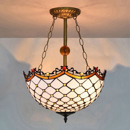 Scalloped Inverted Semi Flush Light Traditional Stained Glass 3 Lights Semi Flushmount for Living Room White Clearhalo 'Ceiling Lights' 'Chandeliers' 'Close To Ceiling Lights' 'Close to ceiling' 'Glass shade' 'Glass' 'Semi-flushmount' 'Tiffany close to ceiling' 'Tiffany' Lighting' 180579