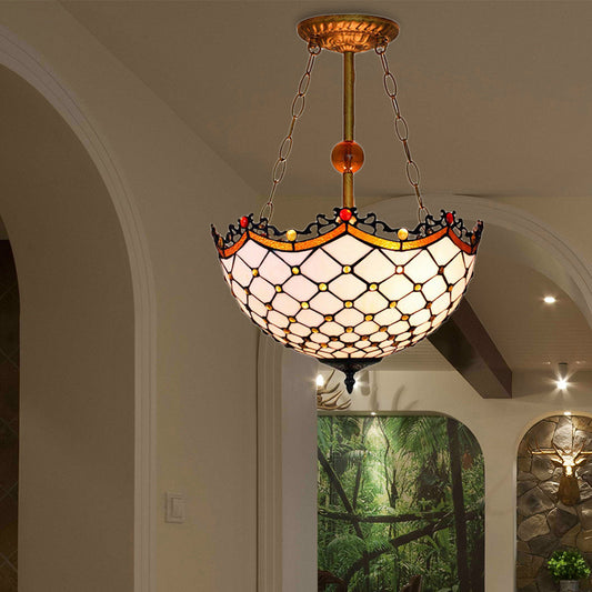 Scalloped Inverted Semi Flush Light Traditional Stained Glass 3 Lights Semi Flushmount for Living Room Clearhalo 'Ceiling Lights' 'Chandeliers' 'Close To Ceiling Lights' 'Close to ceiling' 'Glass shade' 'Glass' 'Semi-flushmount' 'Tiffany close to ceiling' 'Tiffany' Lighting' 180580