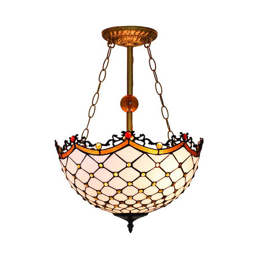 Scalloped Inverted Semi Flush Light Traditional Stained Glass 3 Lights Semi Flushmount for Living Room Clearhalo 'Ceiling Lights' 'Chandeliers' 'Close To Ceiling Lights' 'Close to ceiling' 'Glass shade' 'Glass' 'Semi-flushmount' 'Tiffany close to ceiling' 'Tiffany' Lighting' 180581