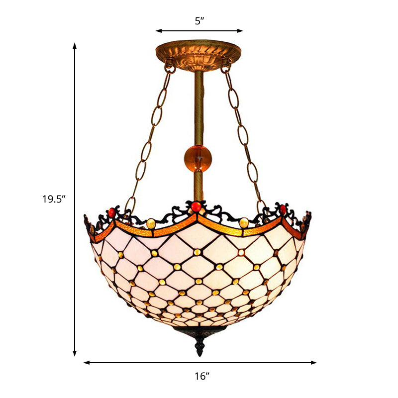 Scalloped Inverted Semi Flush Light Traditional Stained Glass 3 Lights Semi Flushmount for Living Room Clearhalo 'Ceiling Lights' 'Chandeliers' 'Close To Ceiling Lights' 'Close to ceiling' 'Glass shade' 'Glass' 'Semi-flushmount' 'Tiffany close to ceiling' 'Tiffany' Lighting' 180582