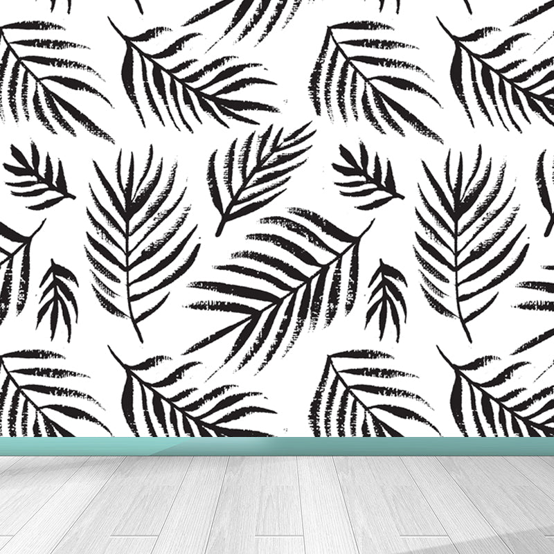 Black and White Modern Mural Large Illustration Leaves Print Wall Decor for Bedroom Clearhalo 'Wall Decor' 'Wall Mural' 1805856